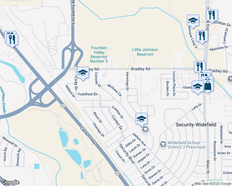 map of restaurants, bars, coffee shops, grocery stores, and more near 4455 McGrew Circle in Colorado Springs