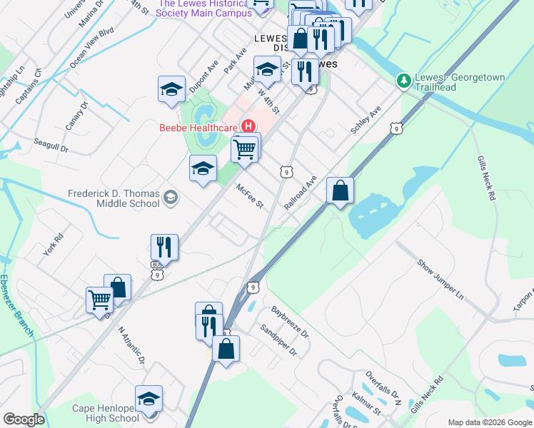 map of restaurants, bars, coffee shops, grocery stores, and more near 600 Kings Highway in Lewes