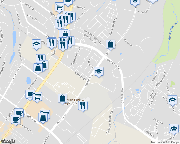 map of restaurants, bars, coffee shops, grocery stores, and more near 8675 Inyo Pl in Manassas Park