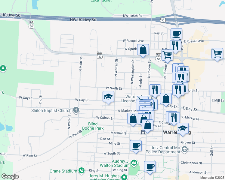 map of restaurants, bars, coffee shops, grocery stores, and more near 302 West North Street in Warrensburg