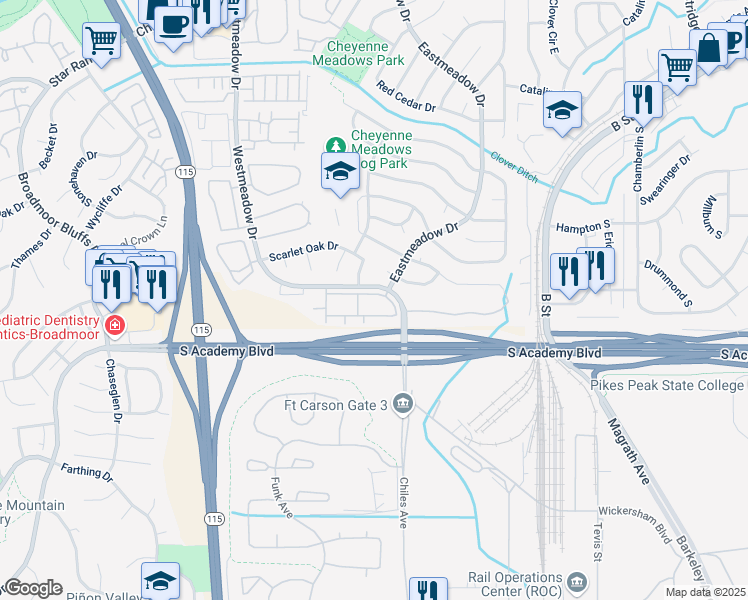 map of restaurants, bars, coffee shops, grocery stores, and more near 1245 Capistrano Point in Colorado Springs