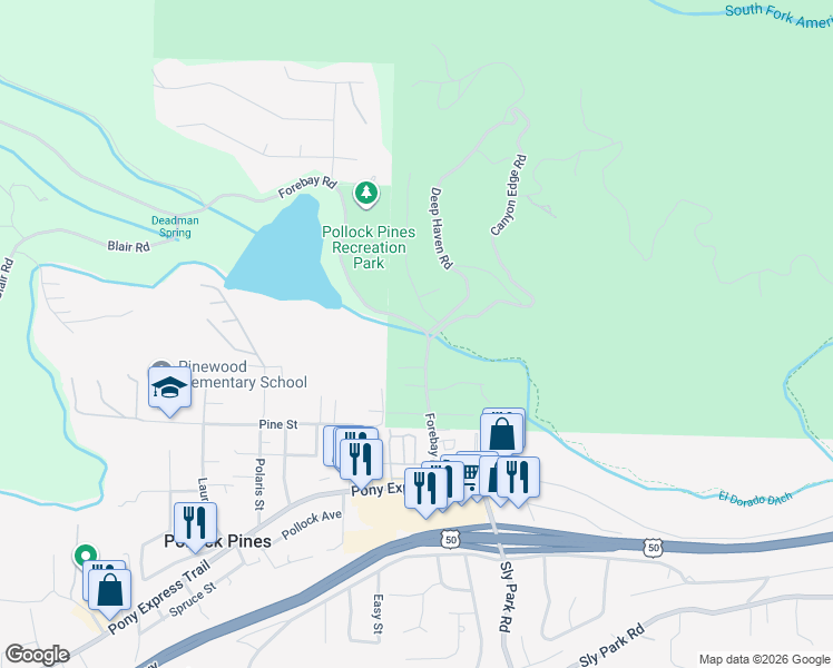 map of restaurants, bars, coffee shops, grocery stores, and more near 2814 Forebay Road in Pollock Pines