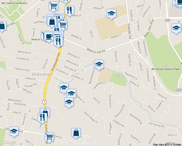 map of restaurants, bars, coffee shops, grocery stores, and more near 6922 Westhampton Drive in Alexandria