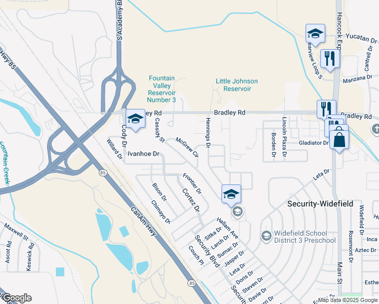 map of restaurants, bars, coffee shops, grocery stores, and more near 4455 McGrew Circle in Colorado Springs