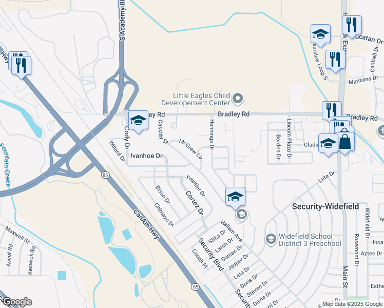 map of restaurants, bars, coffee shops, grocery stores, and more near 4455 McGrew Circle in Colorado Springs