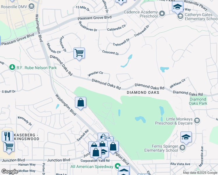map of restaurants, bars, coffee shops, grocery stores, and more near 242 Diamond Oaks Road in Roseville
