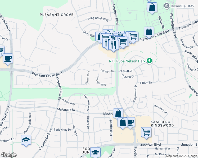 map of restaurants, bars, coffee shops, grocery stores, and more near 321 Melville Court in Roseville