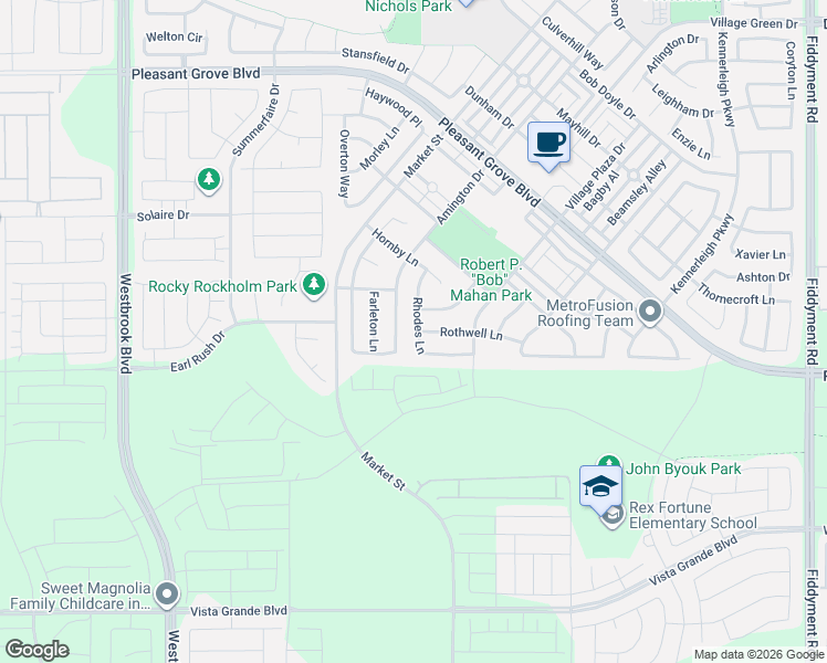 map of restaurants, bars, coffee shops, grocery stores, and more near 2105 Rhodes Lane in Roseville