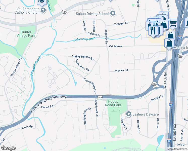 map of restaurants, bars, coffee shops, grocery stores, and more near 7369 Hunters Oak Court in Springfield