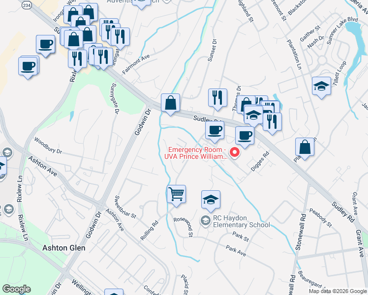map of restaurants, bars, coffee shops, grocery stores, and more near 8901 Sugarwood Court in Manassas