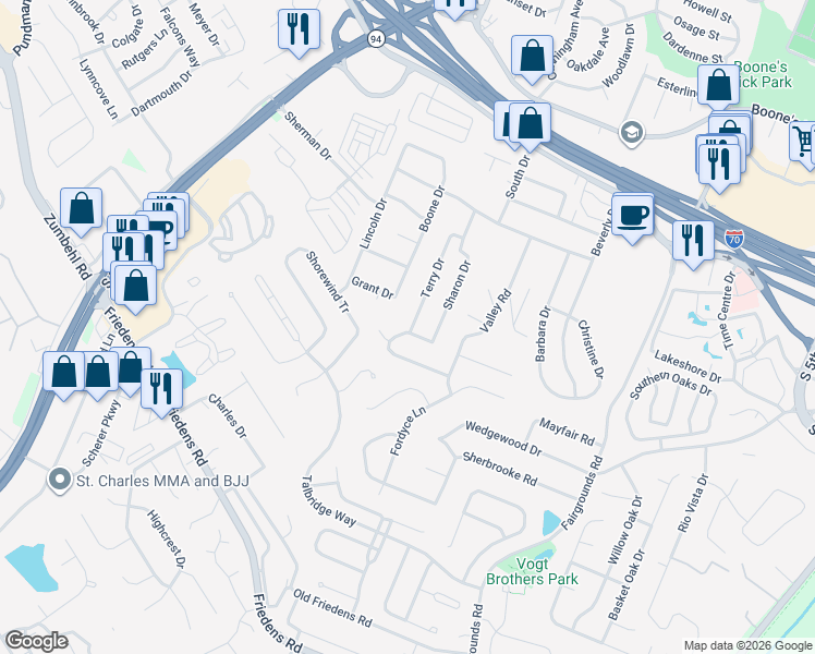map of restaurants, bars, coffee shops, grocery stores, and more near 26 Terry Drive in Saint Charles