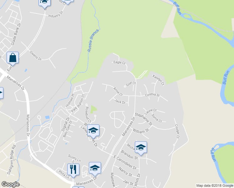 map of restaurants, bars, coffee shops, grocery stores, and more near 9301 Gary Ct in Manassas Park