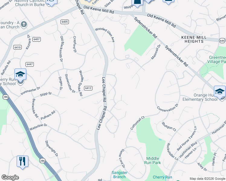 map of restaurants, bars, coffee shops, grocery stores, and more near 9411 Goldfield Lane in Burke
