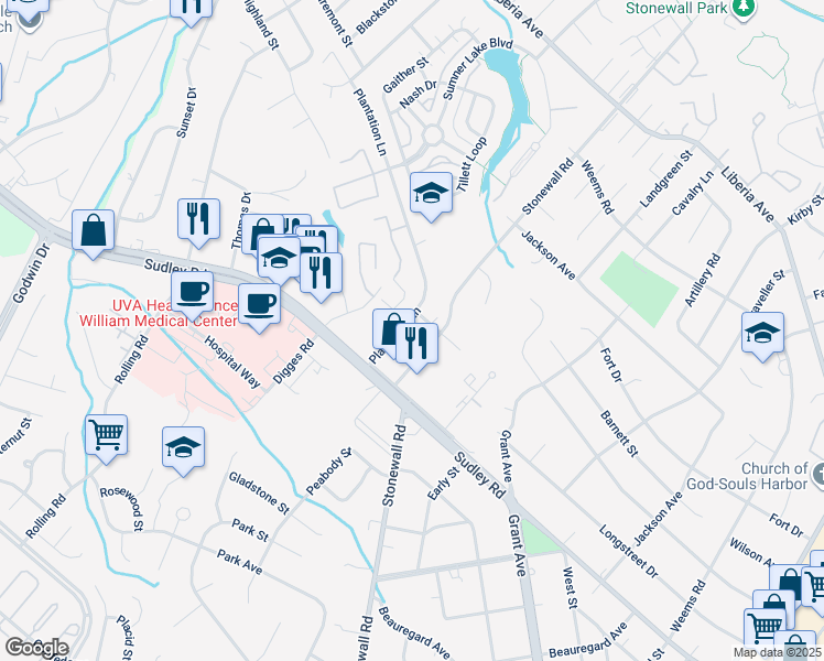 map of restaurants, bars, coffee shops, grocery stores, and more near 8703 Plantation Lane in Manassas
