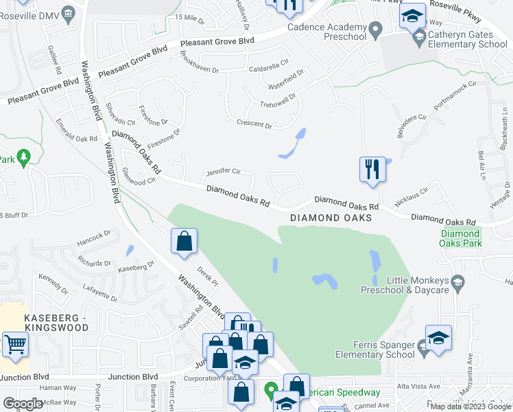 map of restaurants, bars, coffee shops, grocery stores, and more near 242 Diamond Oaks Road in Roseville
