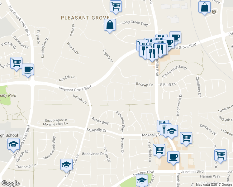 map of restaurants, bars, coffee shops, grocery stores, and more near 412 Lowell Court in Roseville
