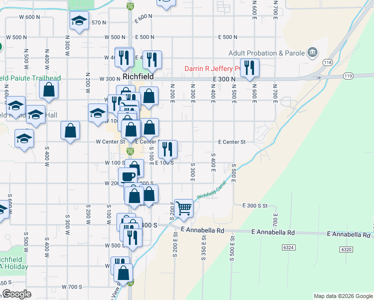 map of restaurants, bars, coffee shops, grocery stores, and more near 40 South 300 East in Richfield