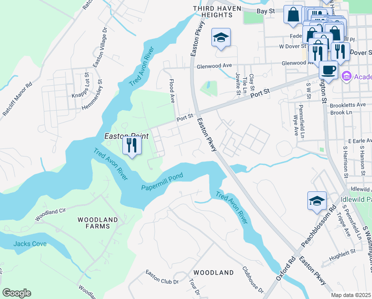 map of restaurants, bars, coffee shops, grocery stores, and more near Port Street in Easton