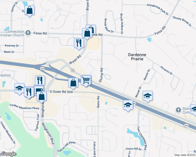 map of restaurants, bars, coffee shops, grocery stores, and more near 19 Needle Court in O'Fallon