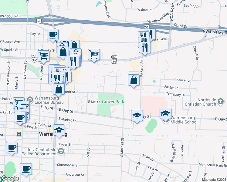 map of restaurants, bars, coffee shops, grocery stores, and more near 509 East North Street in Warrensburg