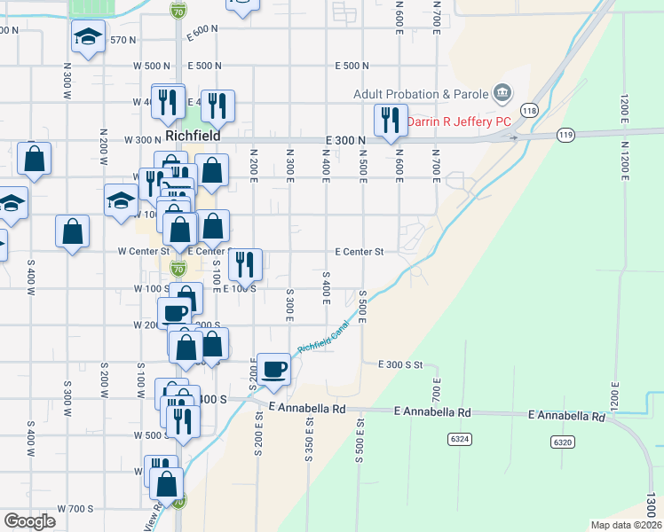map of restaurants, bars, coffee shops, grocery stores, and more near 39 South 400 East in Richfield