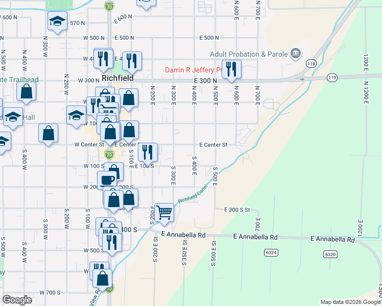 map of restaurants, bars, coffee shops, grocery stores, and more near 40 South 400 East in Richfield