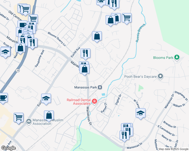 map of restaurants, bars, coffee shops, grocery stores, and more near 823 Ambrose Lane in Manassas Park