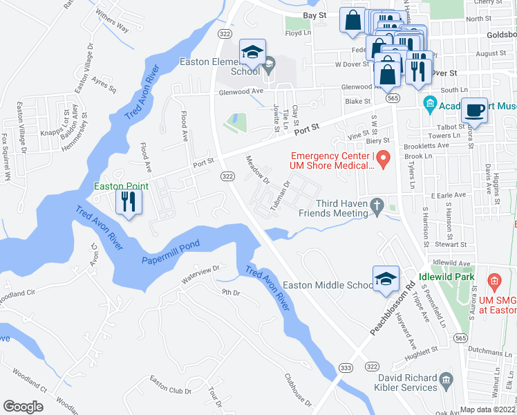 map of restaurants, bars, coffee shops, grocery stores, and more near 302 Wheatley Drive in Easton