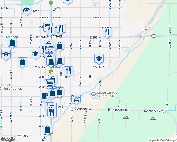 map of restaurants, bars, coffee shops, grocery stores, and more near 40 South 400 East in Richfield