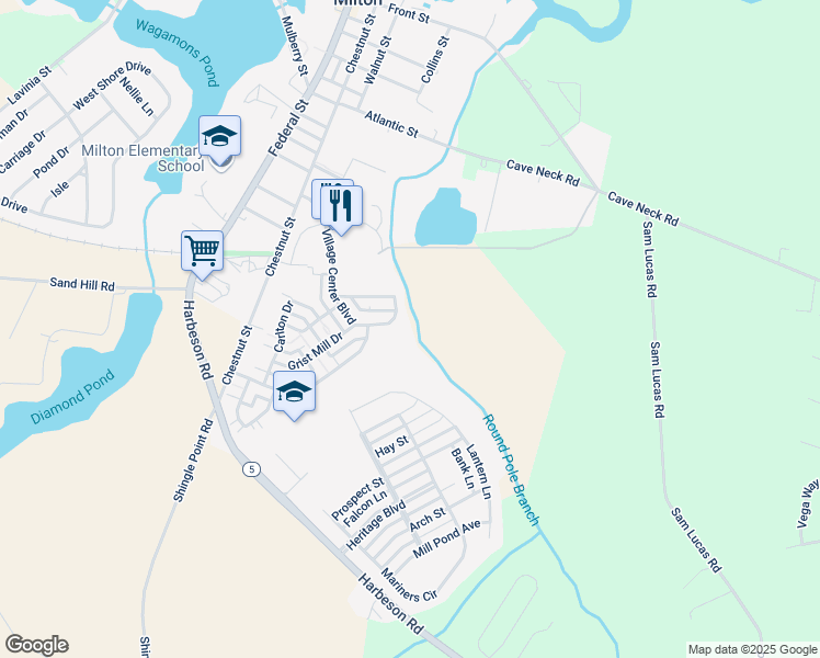 map of restaurants, bars, coffee shops, grocery stores, and more near 16391 Harbeson Road in Milton