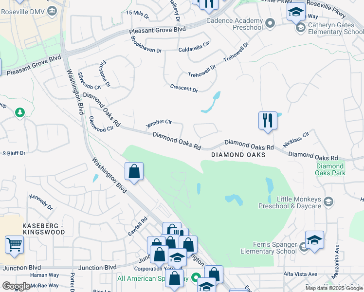map of restaurants, bars, coffee shops, grocery stores, and more near 242 Diamond Oaks Road in Roseville