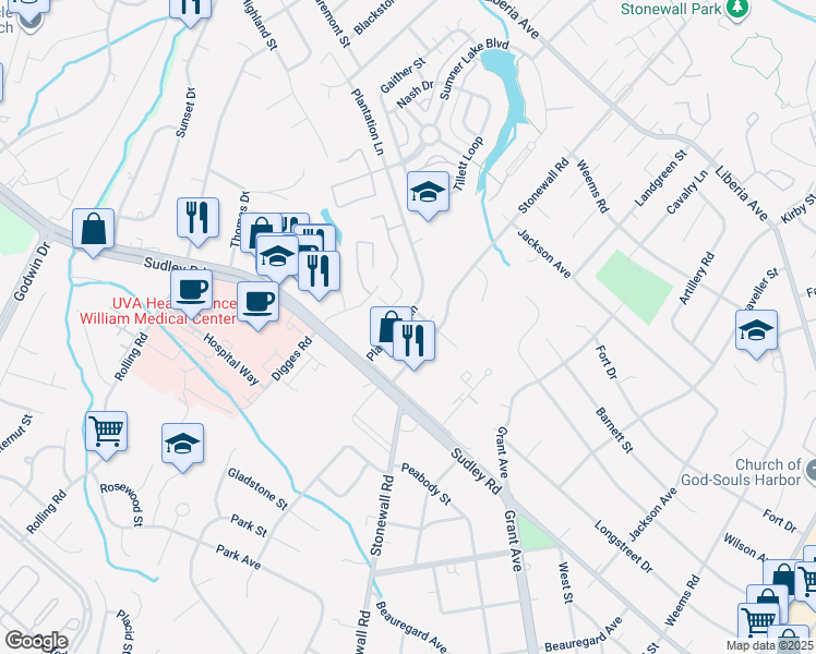 map of restaurants, bars, coffee shops, grocery stores, and more near 8703 Plantation Lane in Manassas