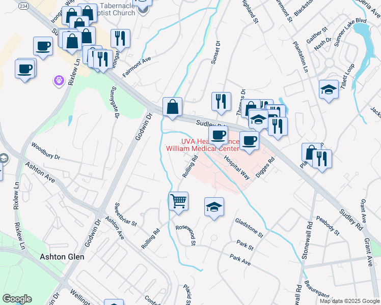 map of restaurants, bars, coffee shops, grocery stores, and more near 8720 Sugarwood Court in Manassas