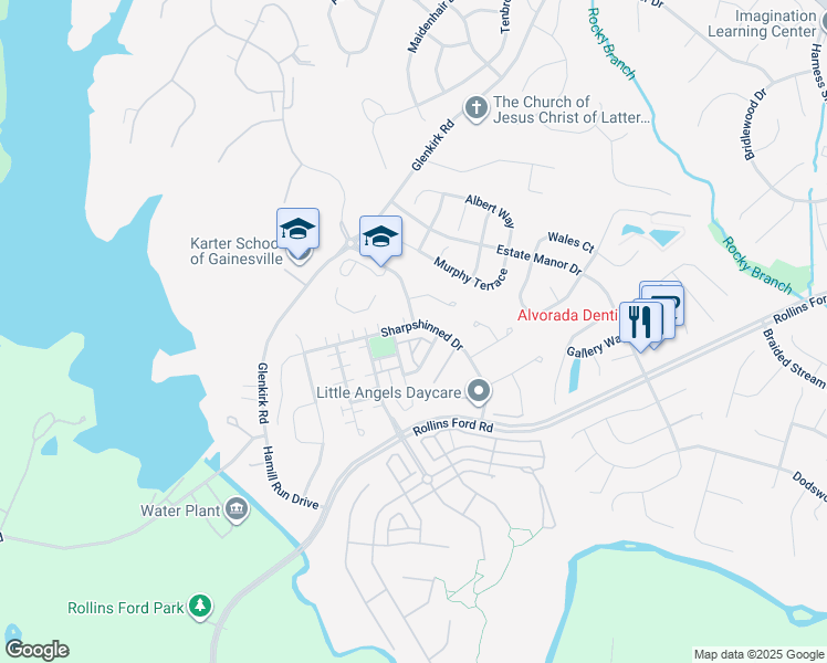 map of restaurants, bars, coffee shops, grocery stores, and more near 14307 Sharpshinned Drive in Gainesville