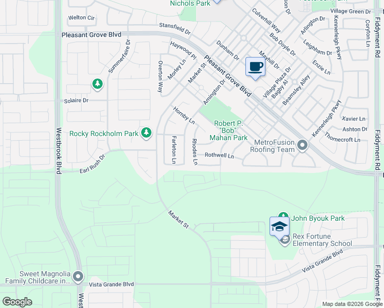 map of restaurants, bars, coffee shops, grocery stores, and more near 2105 Rhodes Lane in Roseville
