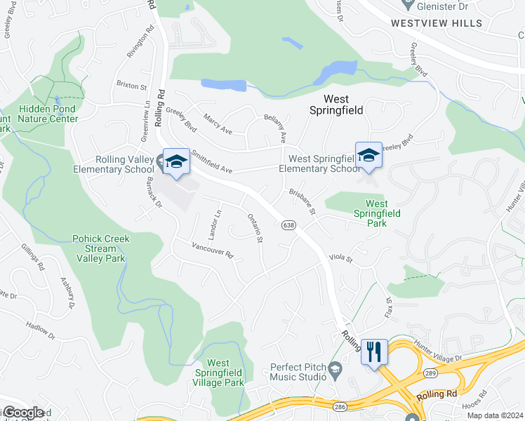 map of restaurants, bars, coffee shops, grocery stores, and more near 6822 Rolling Road in Springfield