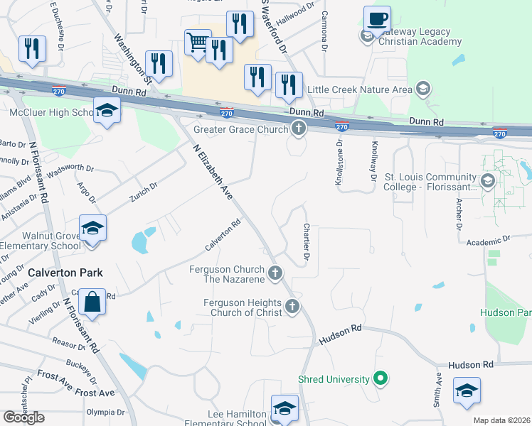 map of restaurants, bars, coffee shops, grocery stores, and more near 555 Monceau Drive in Ferguson