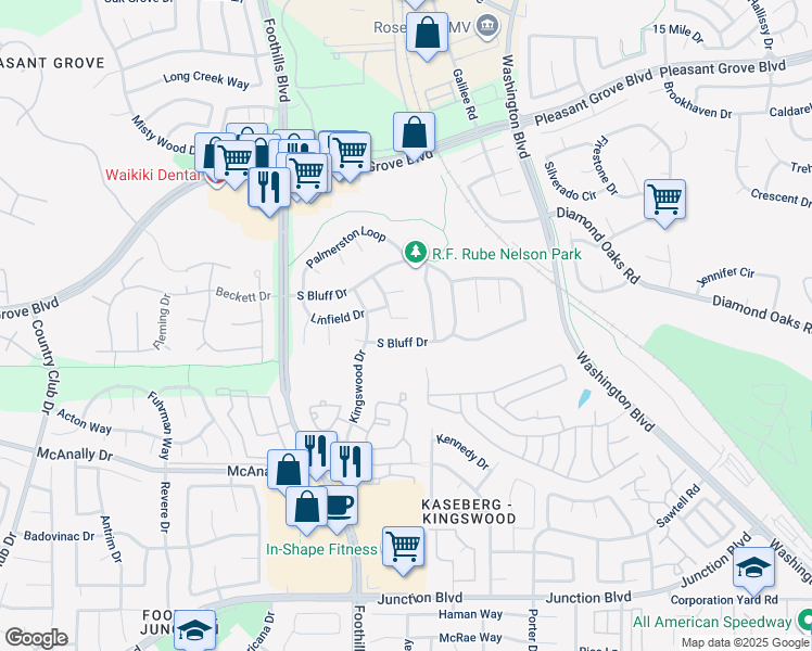 map of restaurants, bars, coffee shops, grocery stores, and more near 140 Sky Ridge Court in Roseville