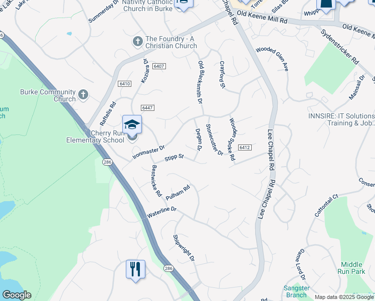 map of restaurants, bars, coffee shops, grocery stores, and more near 9715 Biggers Road in Burke