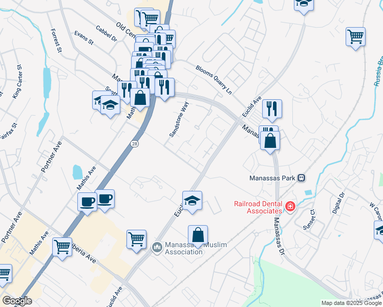 map of restaurants, bars, coffee shops, grocery stores, and more near 9016 Saint Steven Court in Manassas Park