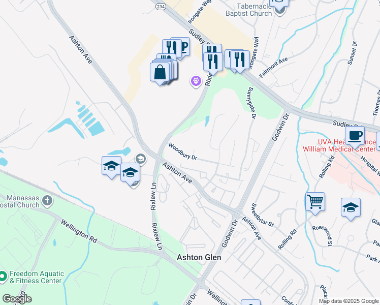 map of restaurants, bars, coffee shops, grocery stores, and more near 8656 Hallard Court in Manassas