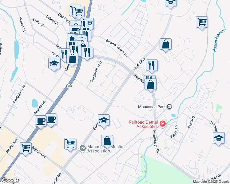 map of restaurants, bars, coffee shops, grocery stores, and more near 8667 Inyo Place in Manassas