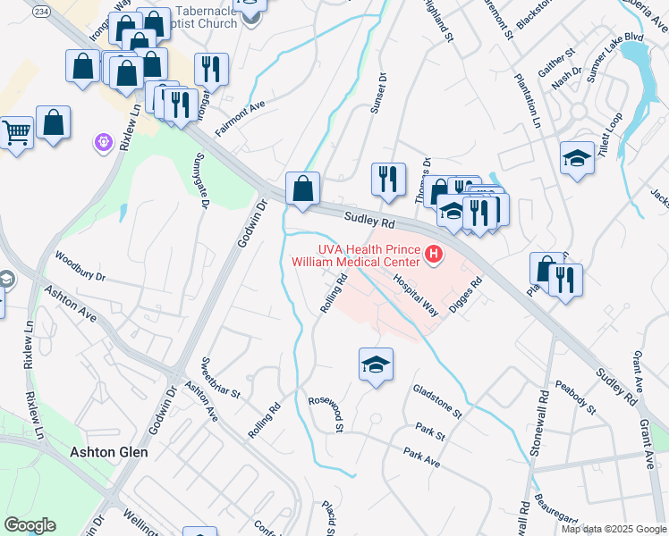 map of restaurants, bars, coffee shops, grocery stores, and more near 8720 Sugarwood Court in Manassas