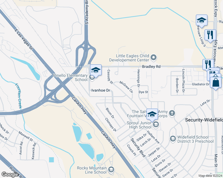 map of restaurants, bars, coffee shops, grocery stores, and more near 2417 Ivanhoe Drive in Colorado Springs
