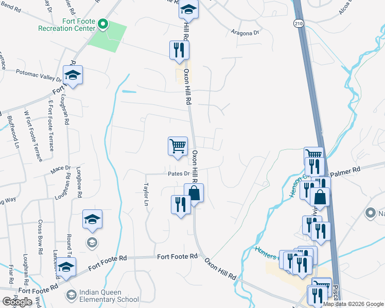 map of restaurants, bars, coffee shops, grocery stores, and more near 8901 Oxon Hill Road in Fort Washington