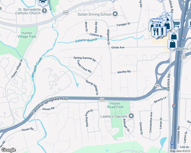 map of restaurants, bars, coffee shops, grocery stores, and more near 7369 Hunters Oak Court in Springfield
