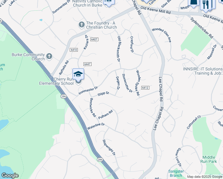 map of restaurants, bars, coffee shops, grocery stores, and more near 9715 Biggers Road in Burke