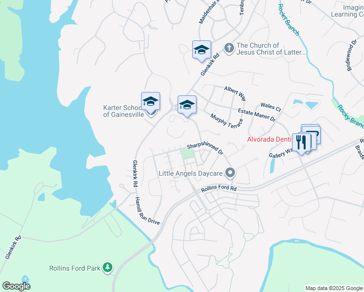 map of restaurants, bars, coffee shops, grocery stores, and more near 14380 Sharpshinned Drive in Gainesville