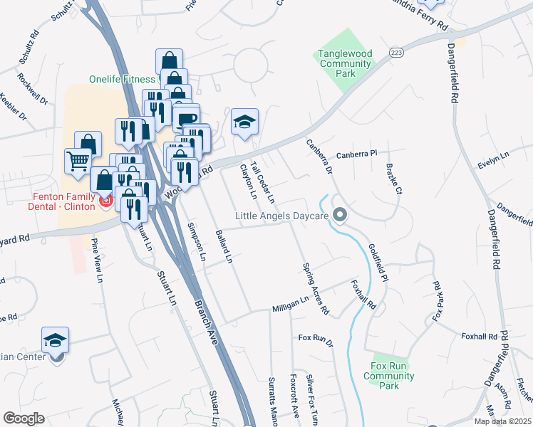 map of restaurants, bars, coffee shops, grocery stores, and more near 8912 Clayton Lane in Clinton