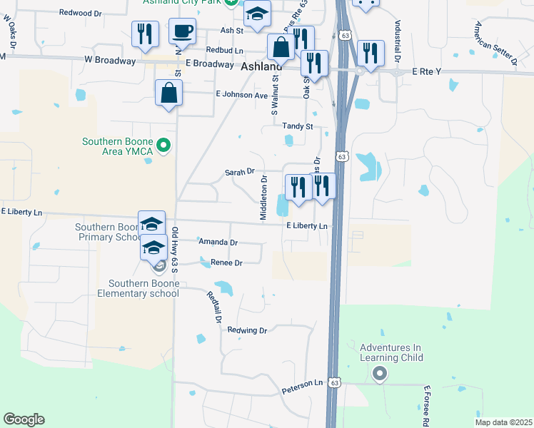 map of restaurants, bars, coffee shops, grocery stores, and more near 602 Middleton Drive in Ashland
